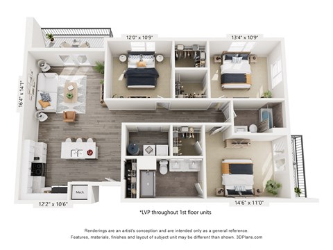 A floor plan of a two-bedroom apartment with a living room, kitchen, and bathroom.